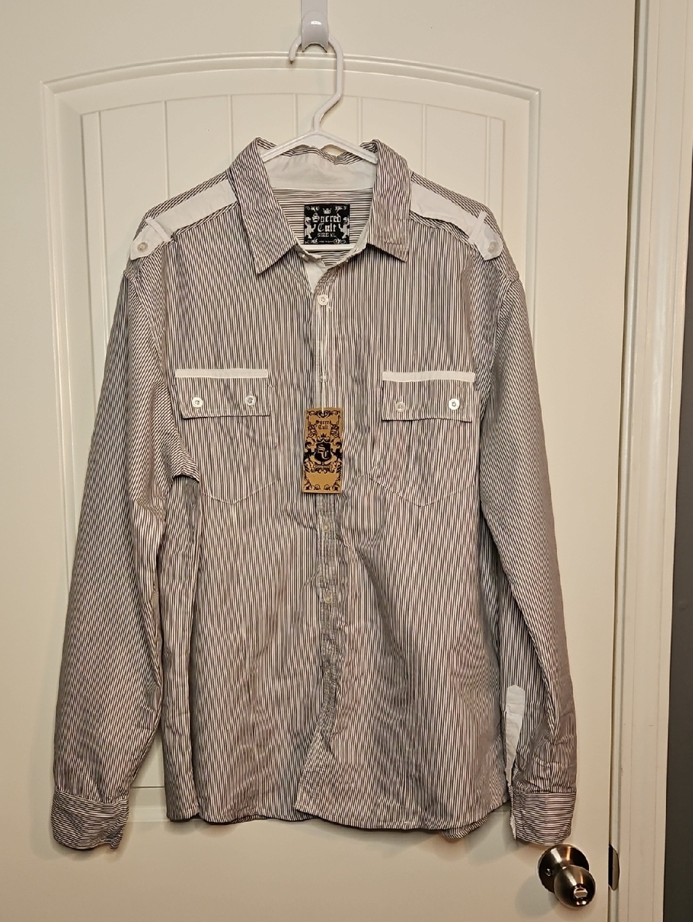NWT Sacred Cult Striped Button-Down Shirt in Light Gray and White